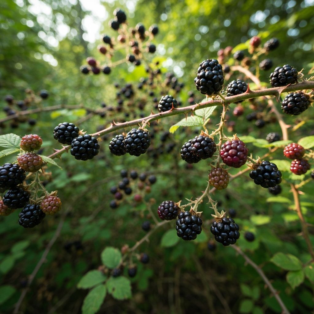 Wild blackberries on thorny bush